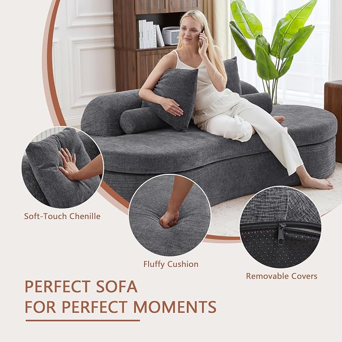 AVZEAR 78" Curved Loveseat Sofa, Modern 2 Seater Cloud Couch for Living Room, Chenille Upholstered Love Seat with High-Density Foam, No Assembly Required, 2 Bolster Pillows & 2 Square Pillows (Gray)