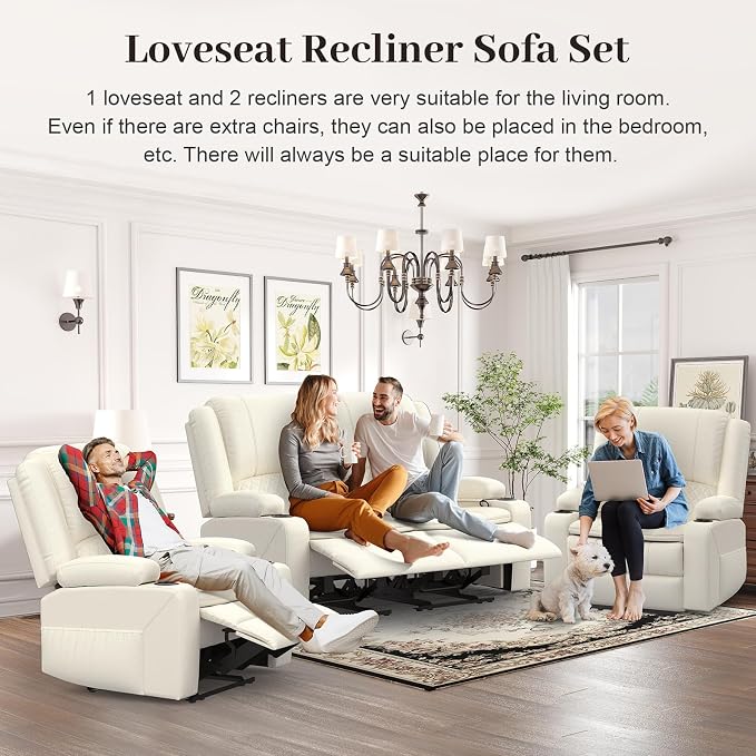 Yolsali Loveseat Recliner Sofa Set with 2-Tier Cushion, 2+1 Pieces in Living Room, 2 Seater Reclining Loveseat Leather with Removable Console, 1 Oversize Recliner Chair Sofa Seat - White PU
