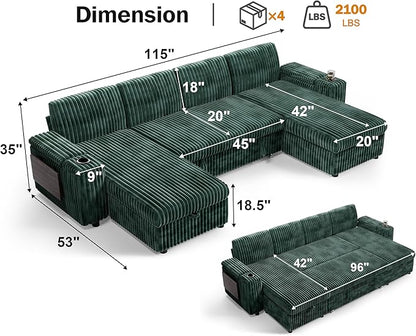 Vipbear 108" Modular Sectional Sleeper Sofa with Pull Out Bed, 4 Seat Plush Corduroy U Shaped Couch with USB Ports|Cup Holders|Side Table|Storage Chaise Armrests, Tool Free Assembly, Green