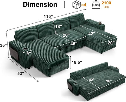 WEUP 108" Modular Sectional Sleeper Sofa with Pull Out Bed, 4 Seat Plush Corduroy U Shaped Couch with USB Ports|Cup Holders|Side Table|Storage Chaise Armrests, Tool Free Assembly, Green