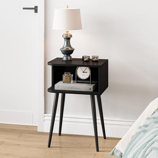 Black Nightstand Set of 2, Small Bed Side Table for Small Spaces, Mid Century Modern Nightstand End Table with Open Storage, Side Table for Bedroom Living Room, MLBZ20B-2