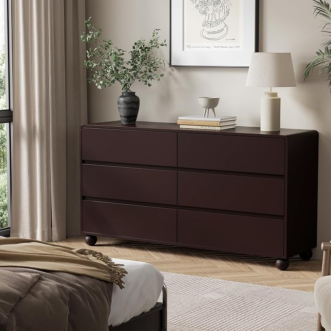 Furniway 3 Piece Bedroom Set, 6 Drawer Dresser and 2 Drawer Nightstand Set of 2 with Round Legs, Modern Wood Chest of Drawers Storage Cabinet for Bedroom, Brown