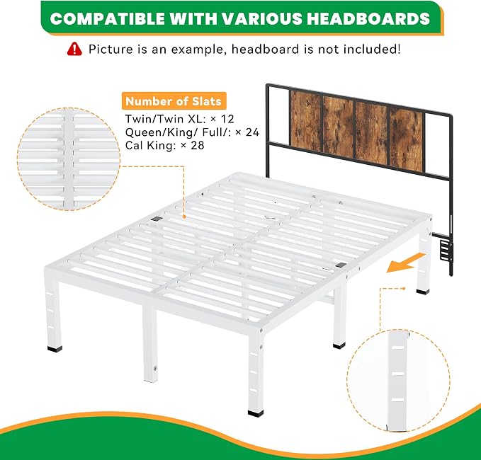 18 Inch Full Size Bed Frames, Heavy Duty Metal Platform 3500 lbs Capacity, No Box Spring Needed, 6 Mattress Slide Stopper, Headboard Holes, Noise-Free, Easy Assembly, White