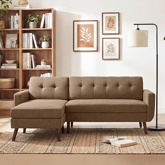 Tbfit L Shaped Couch Sofa, 80" W Mid-Century Modern Sectional Couches, 3 Seater Sofas with Wide Chaise Lounge, Button Tufted Upholstered Sectional Sofa for Living Room, Bedroom, Brown