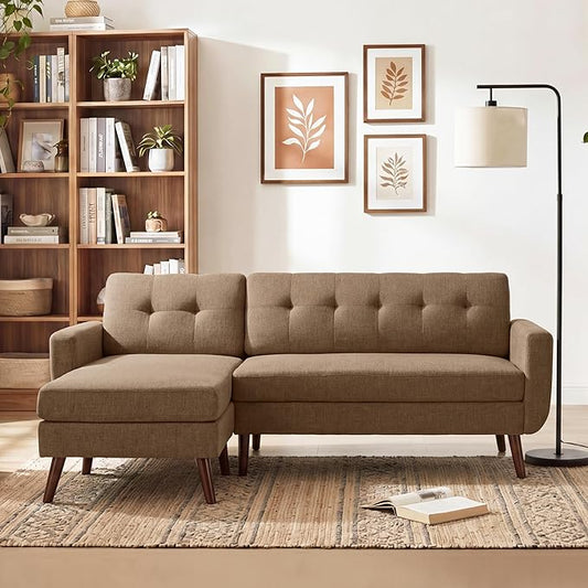 Tbfit L Shaped Couch Sofa, 80" W Mid-Century Modern Sectional Couches, 3 Seater Sofas with Wide Chaise Lounge, Button Tufted Upholstered Sectional Sofa for Living Room, Bedroom, Brown