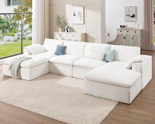Jocisland 153" Cloud Couch Sectional, No-Assembly Modular Sectional Sofa with 76.4 inch Deep Chaise, Oversize Cloud Couch for Living Room, White Chenille