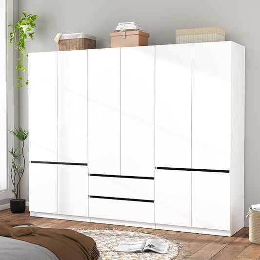 Armoire Wardrobe Closet with Drawers：75" Large White Wardrobe Closet Cabinet with 6 Doors for Hanging Clothes, Modern Wooden Bedroom Armoires with 2 Drawers and Storage(C+A+C, 94.5")