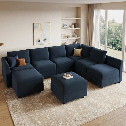 HONBAY Modular Sectional Couch U Shaped Sectional Sofa with Storage Velvet Convertible Sectional Couches for Living Room,Dark Blue