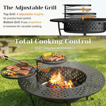 Outdoor Fire Pit, 48" Fire Pit for Outside Wood Burning with Adjustable 2 Grills, Firepit with Lid and Fire Poker, BBQ, Bonfire, Round Outdoor Fireplace 3 in 1 for Patio, Backyard, Garden, Camping