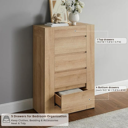 OKD 5 Drawer Dresser for Bedroom, 48" Tall Dresser Chest of Drawers with Thick Wood Design, Handleless, Modern Bedroom Dresser, Storage Organizer for Living Room/Entryway, Natural Oak