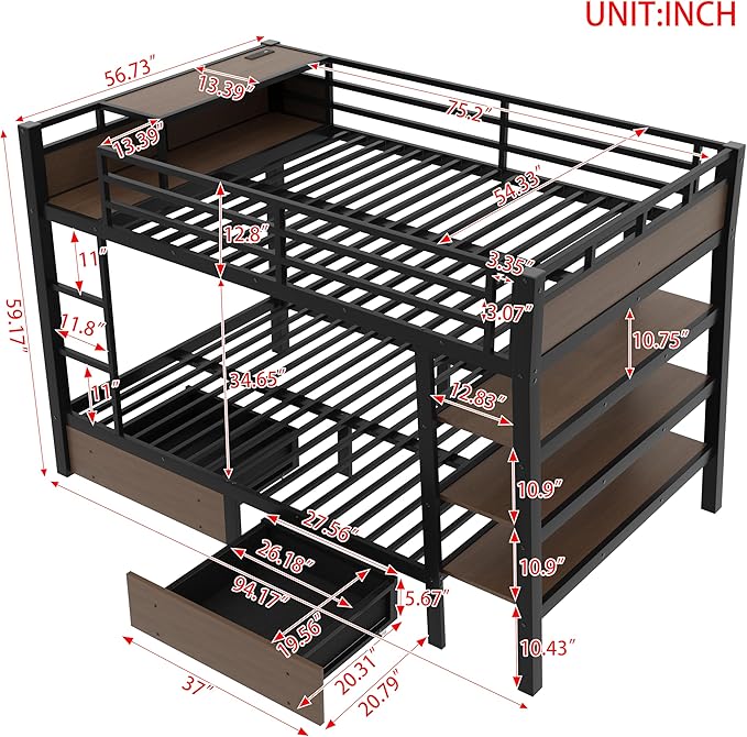 Bellemave Bunk Bed Full Over Full，Metal Bunk beds with Storage Shelves, LED Light Strip, and USB Power Strip, Upper Bed with Desk, Black