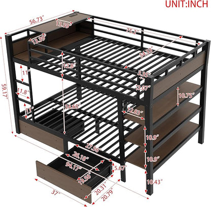 Bellemave Bunk Bed Full Over Full，Metal Bunk beds with Storage Shelves, LED Light Strip, and USB Power Strip, Upper Bed with Desk, Black