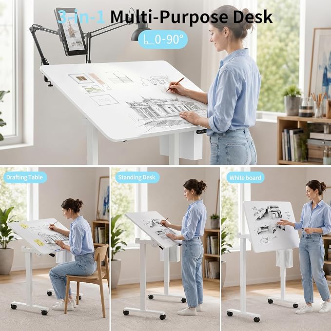 35.4" Standing Desk with Whiteboard,Rolling Drafting Table With Storage Bag | Electric Height Adjustable Mobile Desk with Wheels, Tilting Dry Erase Surface,Foldable Drawing Table for Home Office & Studio