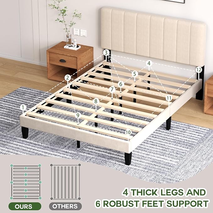 Queen Size Bed Frame with Headboard, Platform Bed with Soft Velvet Upholstered Headboard | Wooden Slats Support | Adjustable Height | No Box Spring Needed, Queen Bed Frame Beige