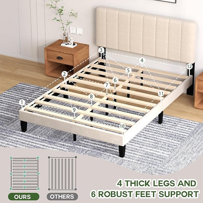 Queen Size Bed Frame with Headboard, Platform Bed with Soft Velvet Upholstered Headboard | Wooden Slats Support | Adjustable Height | No Box Spring Needed, Queen Bed Frame Beige