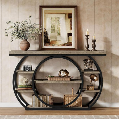 Tribesigns 47" Industrial Entryway Table with Staggered 5-Tier Shelf | Narrow Console with Metal Frame, 5-Tier Sofa Table for Living Room Entryway, Hallway, Foyer, Gray