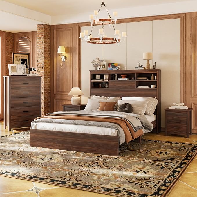 5 Piece Bedroom Furniture Sets, Rustic Style Bedroom Furniture Sets with 1 Queen Size Platform Bed, 2 Drawers and 1 Dresser for Living Room, Farmhouse Bedroom Set, Walnut