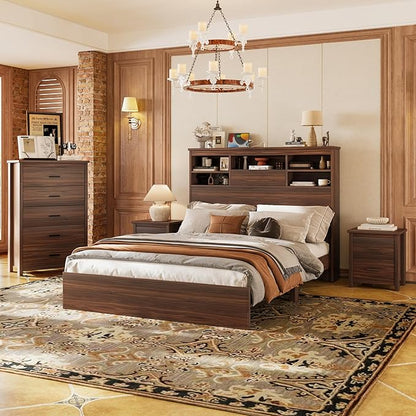Farmhouse 4-Pieces Bedroom Sets, Queen Size Platform Bed with 2 Nightstands and 5-Drawer Storage, Wooden Bed Frame with Storage Headboard and Charging Station (Walnut-7.17)