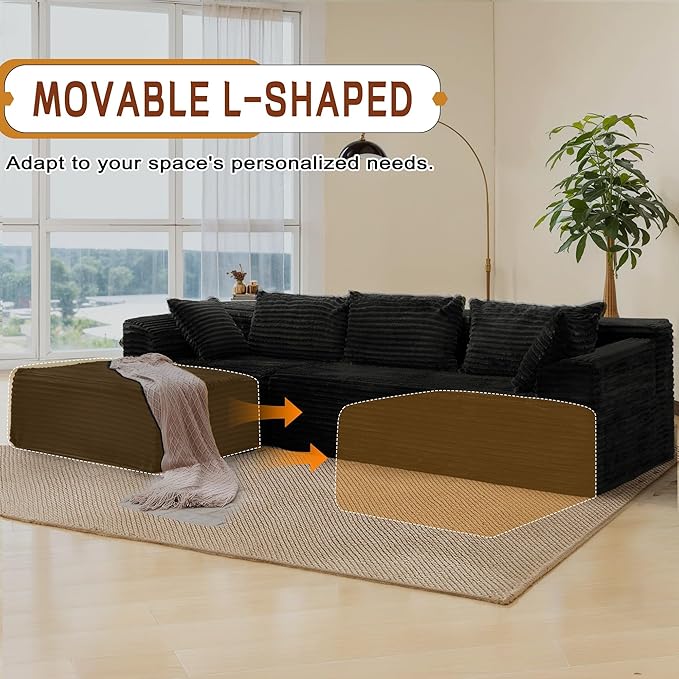 Korser 108" L-Shaped Modular Sectional Sofa with Chaise, Boneless Comfy Corduroy Fluffy Couch with Deep Seat and Side Pockets, Flexible Module Combination for Living Room, No Assembly, Side Pockets
