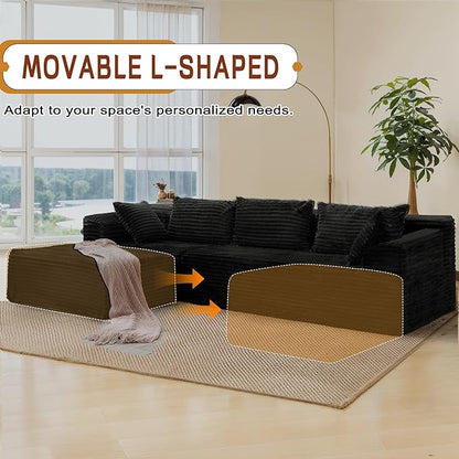 Korser 108" L-Shaped Modular Sectional Sofa with Chaise, Boneless Comfy Corduroy Fluffy Couch with Deep Seat and Side Pockets, Flexible Module Combination for Living Room, No Assembly, Side Pockets