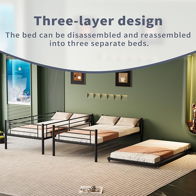 Twin Over Twin Bunk Bed Frame with Trundle,Metal Bunk Bed Bedframe with Guard Rail and Ladders for Adults,Can be Divided into 3 Beds, No Box Spring Needed,Space Saving Design