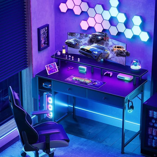 DLisiting Black Gaming Desk with Shelves and Drawers - 39 Inch Small Gaming Desk with Storage Shelves for Boys Teens Bedroom, Black Computer Desks with Drawers, Monitor Stand, Power Outlet