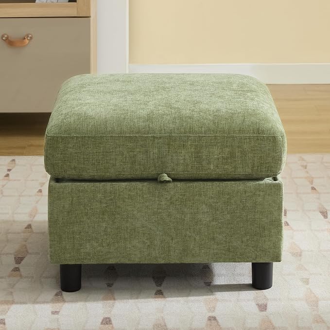 WUTUTUEE 25" Square Storage Ottoman for Modular Sectional Sofa, Convertible Couch Footrest with Hidden Compartment, Chenille Upholstered Coffee Table & Extra Living Room Seating, Green