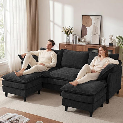 3 Seater U-Shape Couch Sofa with Ottomans, 69" Small Couch Modern Comfy Cloud Sofa with 23" Deep Washable Pillow ChenilleCover Couches for Living Room Bedroom Apartment Office 69-Black-U