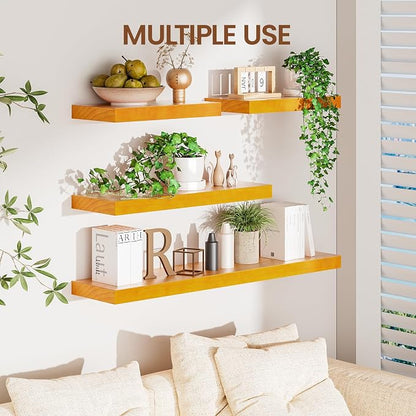 Heimlove Pine Wood Floating Shelves, 8 Inch Deep Real Wood Shelves Set of 2, Wall Mounted Rustic Wood 36x8 Floating Shelf with Invisible Brackets for Bedroom Kitchen Living Room - Honey Oak