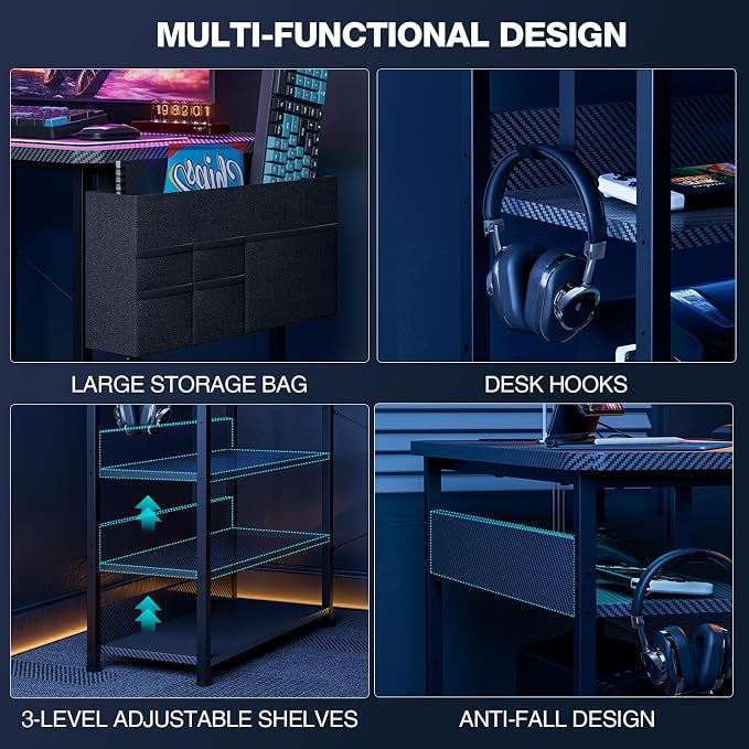 Acrolix L Shaped Gaming Desk 55 Inch - Computer Corner Desk with Power Outlets, Reversible Shelves & Storage Bag for Home Office, PC Gaming Table, Black Carbon