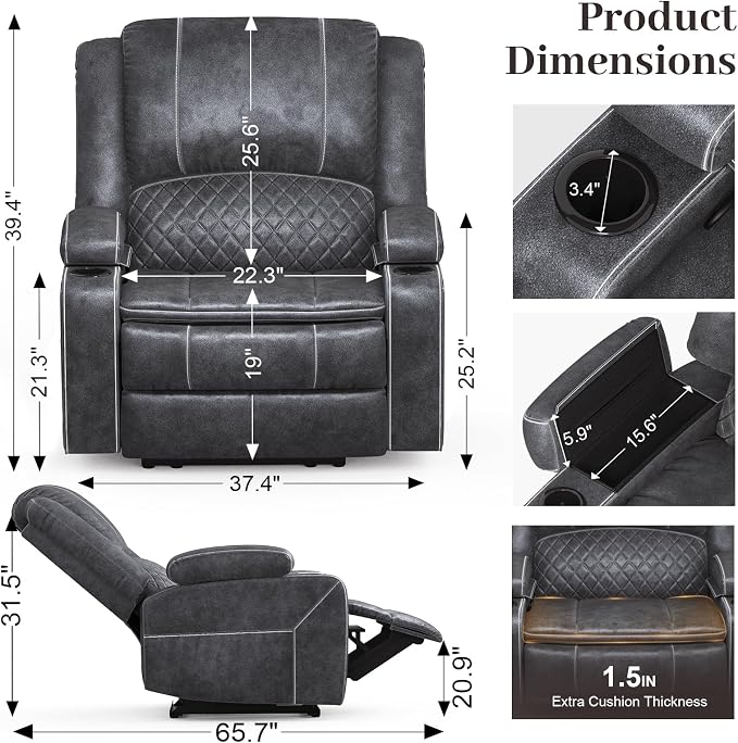 Yolsali Recliner Chairs for Adults, Oversize Manual Reclining Chair with 2-Tier Cushions, Dutch Velvet Recliner Chair with Hidden Storage Space, Living Room Recliner Chairs with Cup Holders - Grey