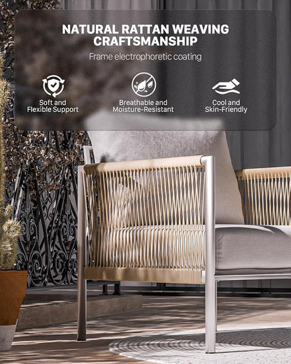 ZANDOR Aluminum Outdoor Patio Furniture 2 Pcs Armchair, All-Weather Metal Modern Outside Furniture with Washable Thick Cushion, HDPE Woven Rope Rattan Bistro Sofa Chair, Garden/Backyard/Porch, Silver