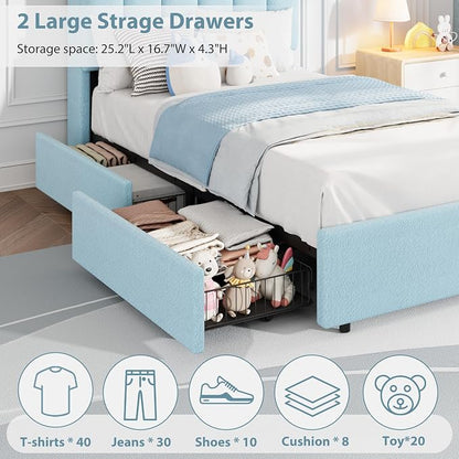 Garvee LED Twin XL Bed Frame with Storage Headboard, Kids Bed Frame with 2 Drawers, Boucle Upholstered Platform Bed for Girls, Chic Wavy Headboard with Bookcase, No Box Spring Needed, Blue