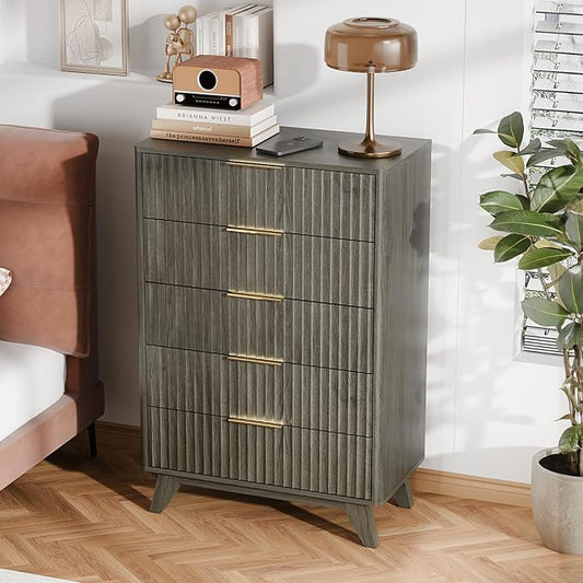 VINGLI Fluted Tall Dresser 5 Drawer Grey Chest of Drawers, Wood Dresser with Rounded Edges, Gray Chest Dressers for Bedroom, 29.92" W*15.6" D*44.88" H