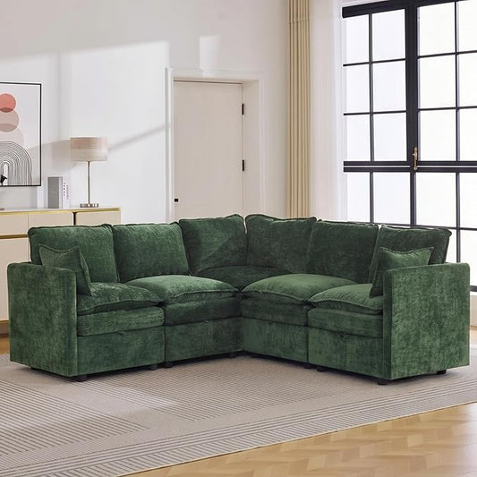 80" Green Modular Storage Sofa, V Shaped Chenille Cloud Couch with Armrest | Oversized Convertible Sectional Sofa, 5-Seat Sectional Couch With Armrests, Large Cloud Couch For Living Room, Apartment.