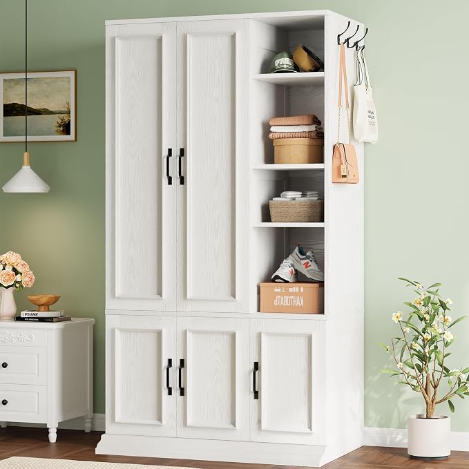 LIKIMIO Armoire Wardrobe Closet 70" H, 5 Doors Bedroom Wooden Wardrobe with 4 Storage Shelves and Hanging Rod, Clothing Storage Cabinet Organizer Combination, White