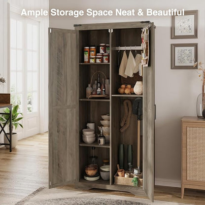 Befrases Farmhouse Rustic Grey Storage Cabinet with Adjustable Shelves, Large Pantry Organize with 2 Barn Doors, Tall Freestanding Cabinet for Kitchen, Bathroom, Garage, Living, Utility Room