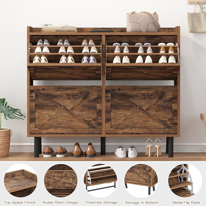 Shoe Cabinet for Entryway, 3 Layers Shoe Cabinet Storage with 4 Flip Drawers, Metal Legs Shoe Storage, Shoe Organizer Cabinet Adjustable Shoe Rack Cabinet