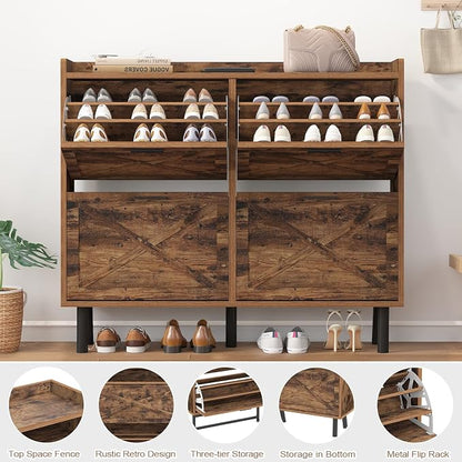 Shoe Cabinet for Entryway, 3 Layers Shoe Cabinet Storage with 4 Flip Drawers, Metal Legs Shoe Storage, Shoe Organizer Cabinet Adjustable Shoe Rack Cabinet
