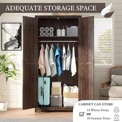 LUXOAK 70" Large Armoire Wardrobe Closet Set of 2 with Hanging Rod, Farmhouse Clothing Storage Cabinet with 4 Barn Doors, Wooden Tall Bedroom Armoires with Shelf, Espresso