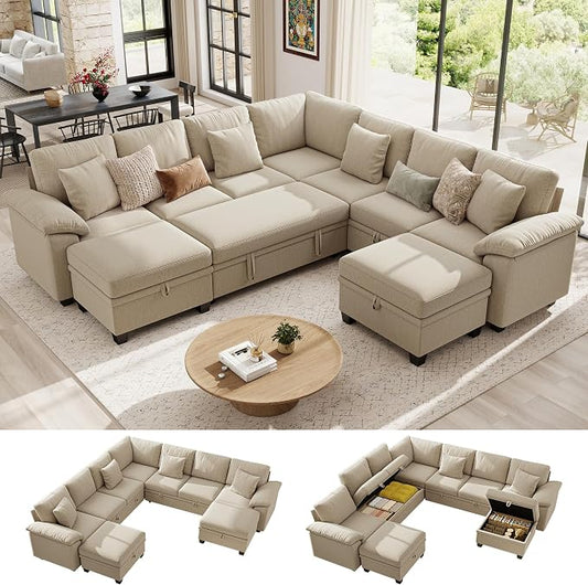 Ihanherry 108" Modular Sectional Sofa with Pull Out Bed, 9-Seater U Shaped Sectional Sleeper Couch with Storage, Chenille Convertible Couches for Living Room, Apartment (Sand)