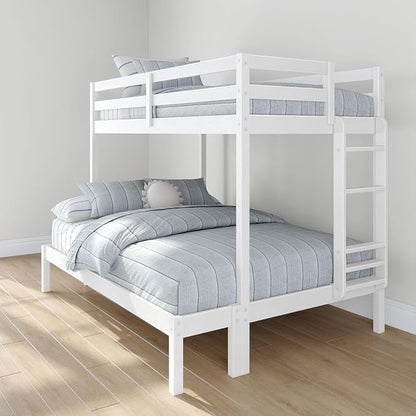 Grain & Grove Bear Twin Over Full Bunk Bed, Sturdy Bunk Bed Frame for Kids, Plywood Bunk with Ladder, Guardrail, and Slats, No Box Spring Required, Brushed White