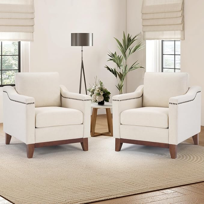 HAOMARKETS Vintage Upholstered Armchair Set of 2 with Nailhead Trim and Solid Wood Legs, Comfortable Accent Chair for Living Room & Bedroom, Beige