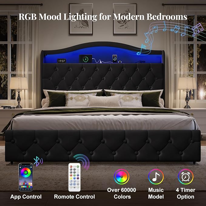 Queen Size Bed Frame and Headboard & 4 Storage Drawers, Upholstered Platform Bed Frame with RGB LED Lights & Charging Station, No Box Spring Needed, Easy Assembly, Noise-Free, Black