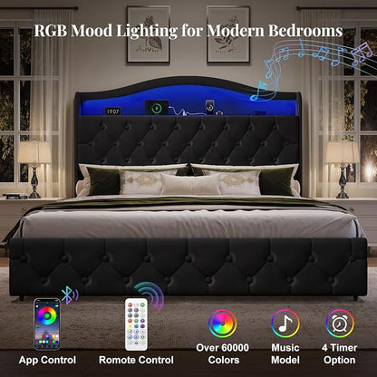 Queen Size Bed Frame and Headboard & 4 Storage Drawers, Upholstered Platform Bed Frame with RGB LED Lights & Charging Station, No Box Spring Needed, Easy Assembly, Noise-Free, Black