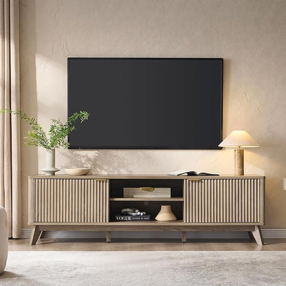 OKD 70" Mid Century Modern Fluted TV Stand, Entertainment Center, Sideboard, Media Console for Living Room with 2 Soft Close Door/Adjustable Shelves (Alder Grey)