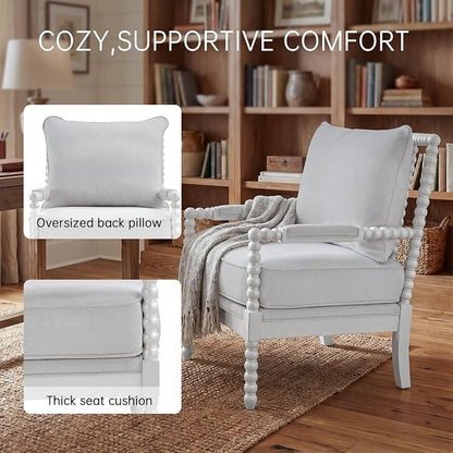 Morden Fort Linen Fabric Spindle Accent Chair with Wood Frame, French Style Accent Chairs with Padded Spring Seat and Armrest Pads, Brushed Base for Living Room Bedroom Farmhouse Office Balcony