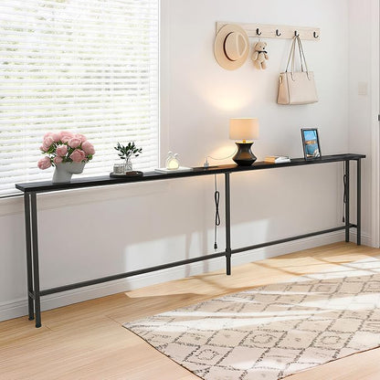 GRLEAF 90" Sofa Table with Built-in Power Strip (4 AC Outlets & 4 USB Ports) – 4.9ft Power Cord, Metal Frame, Easy Assembly, Long Couch Table Behind Sofa, Living Room and Home Office | Black