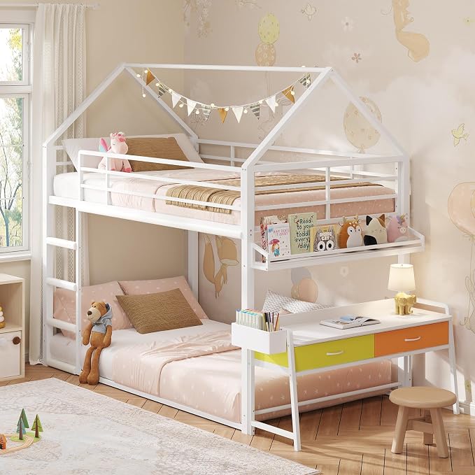 DICTAC Twin Over Twin Low Bunk Bed with Desk and Drawers, White | Metal House Shaped Low Bunk Bed, 2 Storage Drawers, Bookshelf and Side Pocket, Floor Bunk Bed with 13.4''H Safety Guardrail
