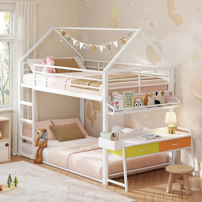 DICTAC Twin Over Twin Low Bunk Bed with Desk and Drawers, White | Metal House Shaped Low Bunk Bed, 2 Storage Drawers, Bookshelf and Side Pocket, Floor Bunk Bed with 13.4''H Safety Guardrail